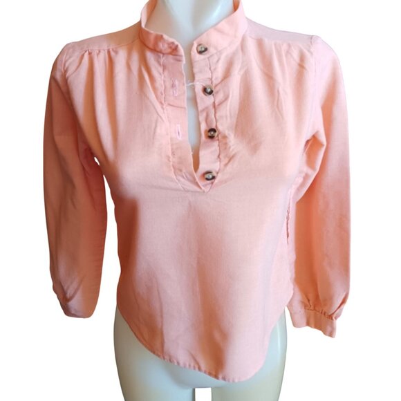 XS Vintage Peach Peasant Blouse Top Mandarin Collar Gathered Cuffs 1970s Boho - Picture 1 of 6